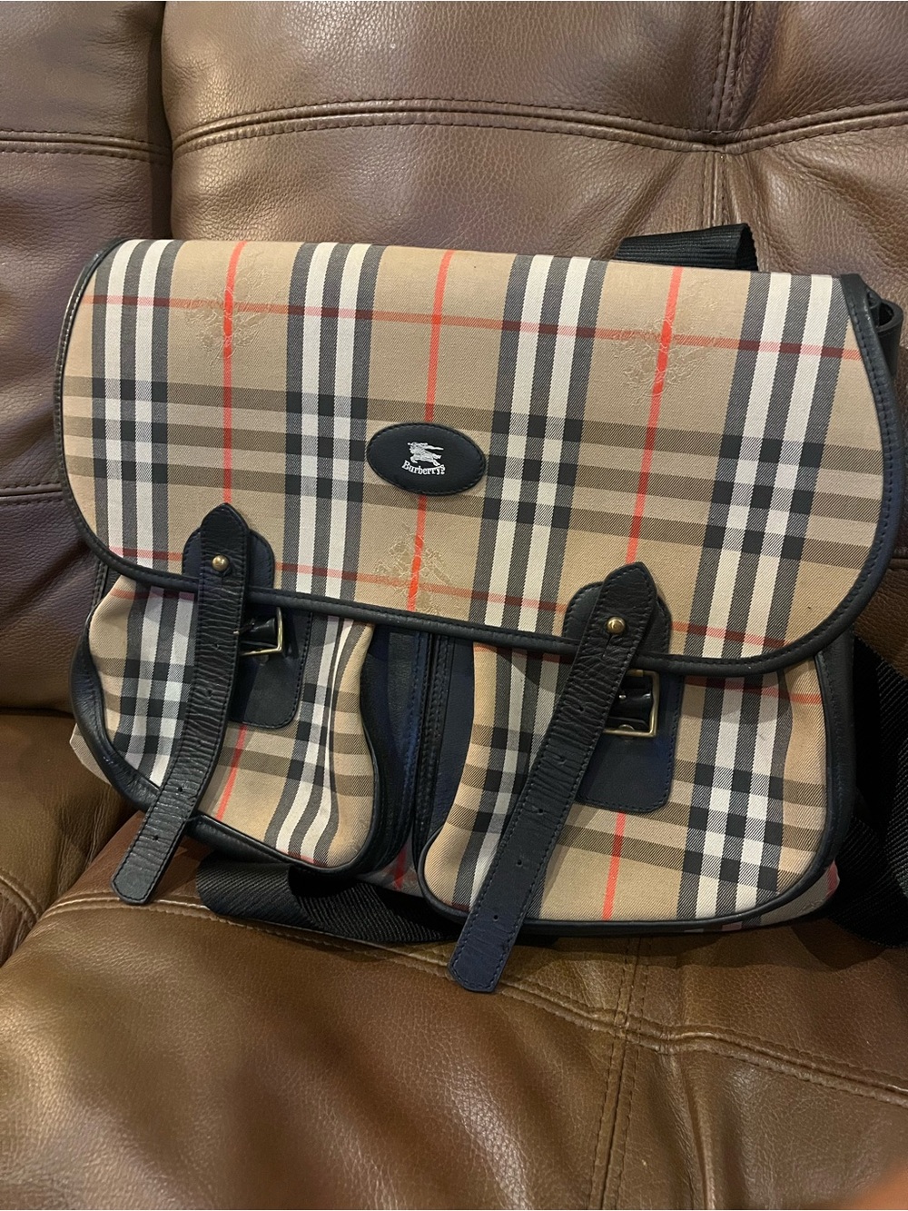 Vintage Burberrys Unisex Classic Plaid Messenger Bag - Beige with Black Trim